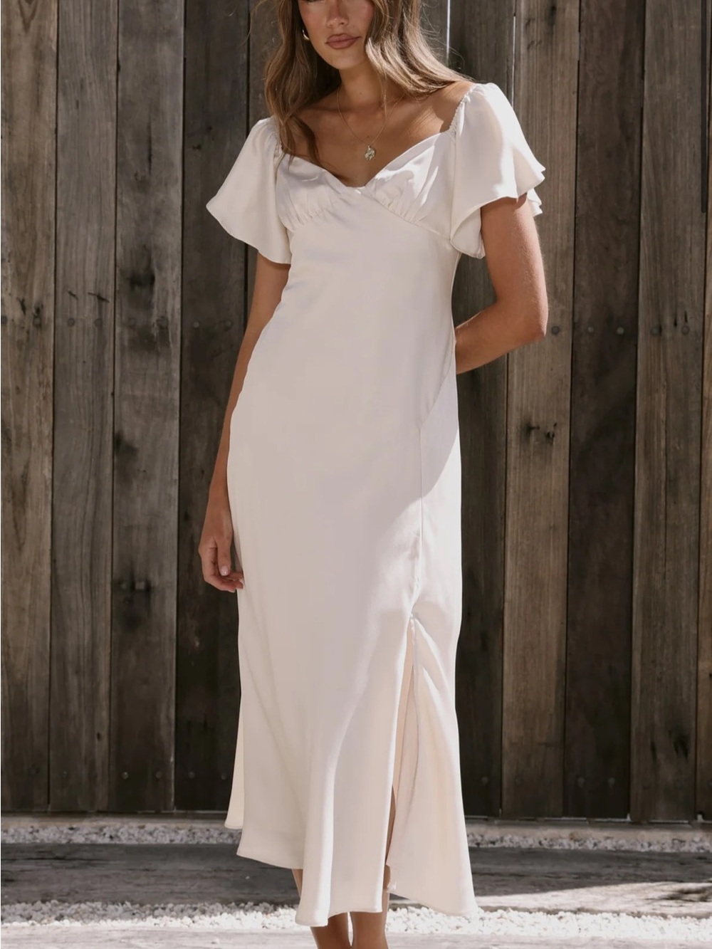 BillyJ Elegant Cream Flutter-Sleeve Midi Dress
